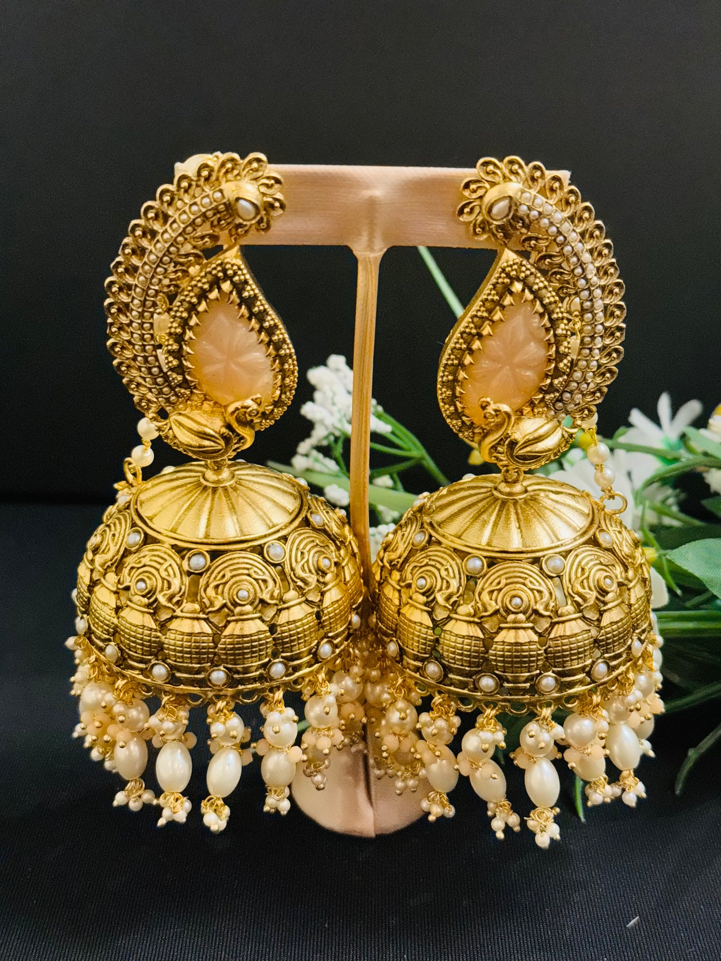 Beautiful antique style jhumka extra large in golden and white pearl jhumka