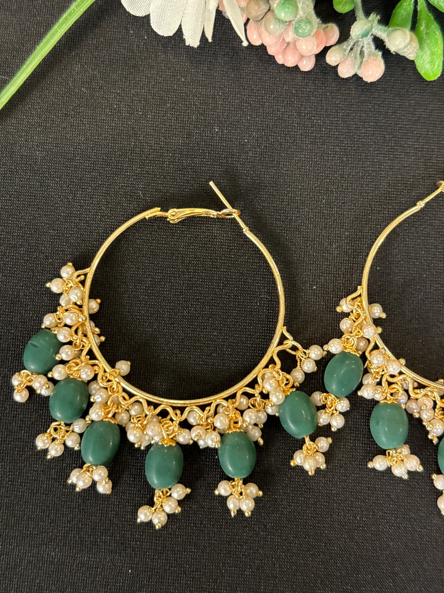 Beautiful bottle green pearls Hoop earrings