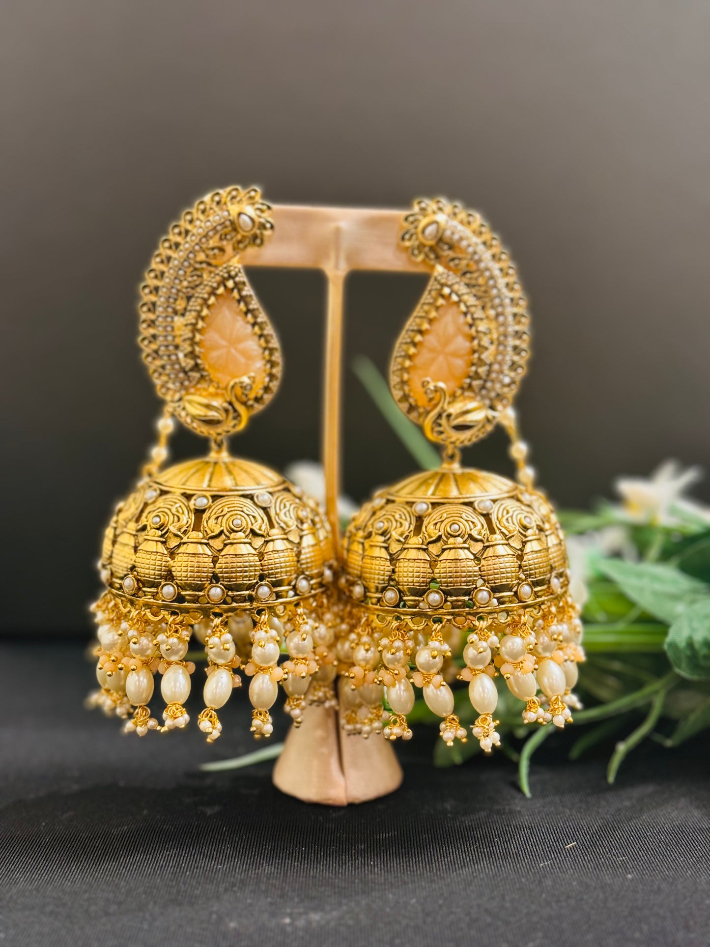 Beautiful antique style jhumka extra large in golden and white pearl jhumka