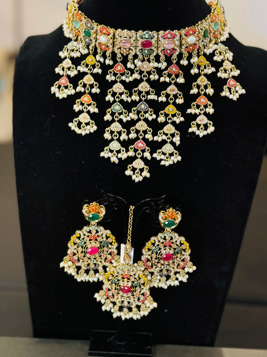 Beautiful Multicolor Pakistani style Necklace tikka earring Jewelry set