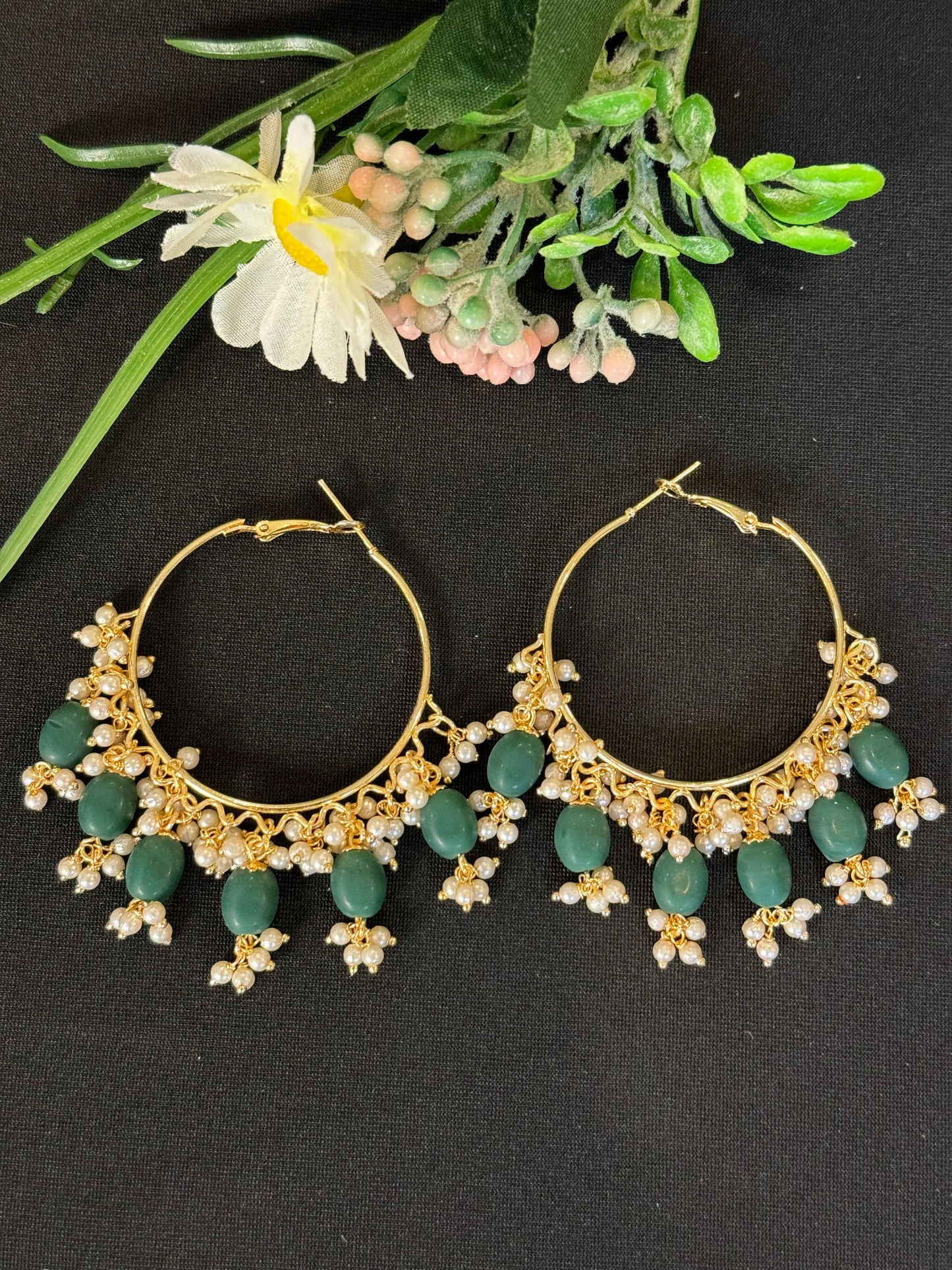 Beautiful bottle green pearls Hoop earrings