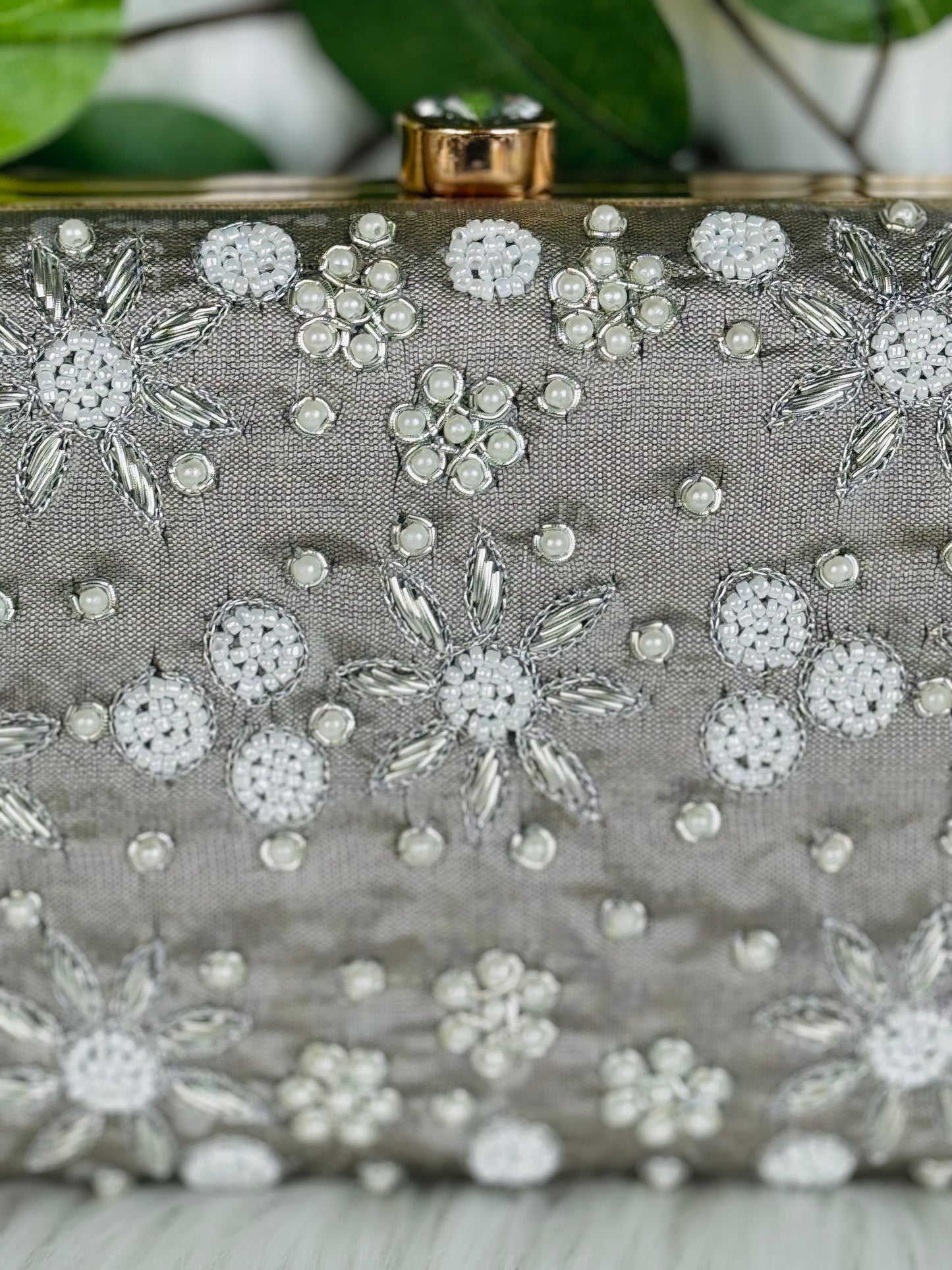 Beautiful unique grey color pearl handwork Clutch for parties and weddings