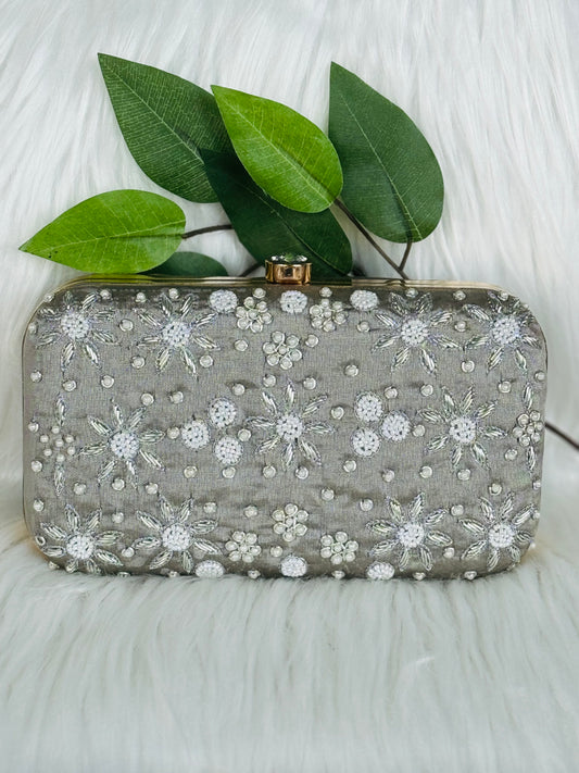 Beautiful unique grey color pearl handwork Clutch for parties and weddings