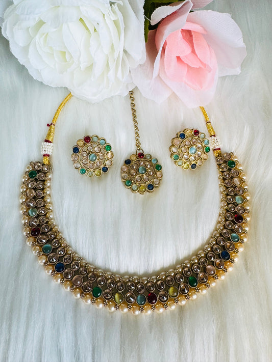 Multicolor neckline with tikka and earrings