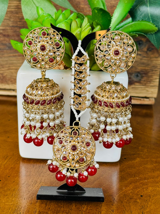 Beautiful gold red tikka set with jhumka style earrings Tikka Earring set