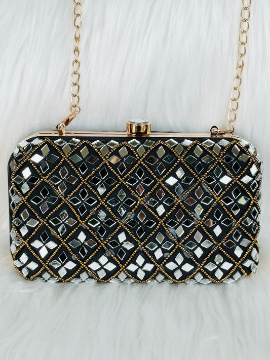 Beautiful mirror work handwork black Clutch for parties and wedding