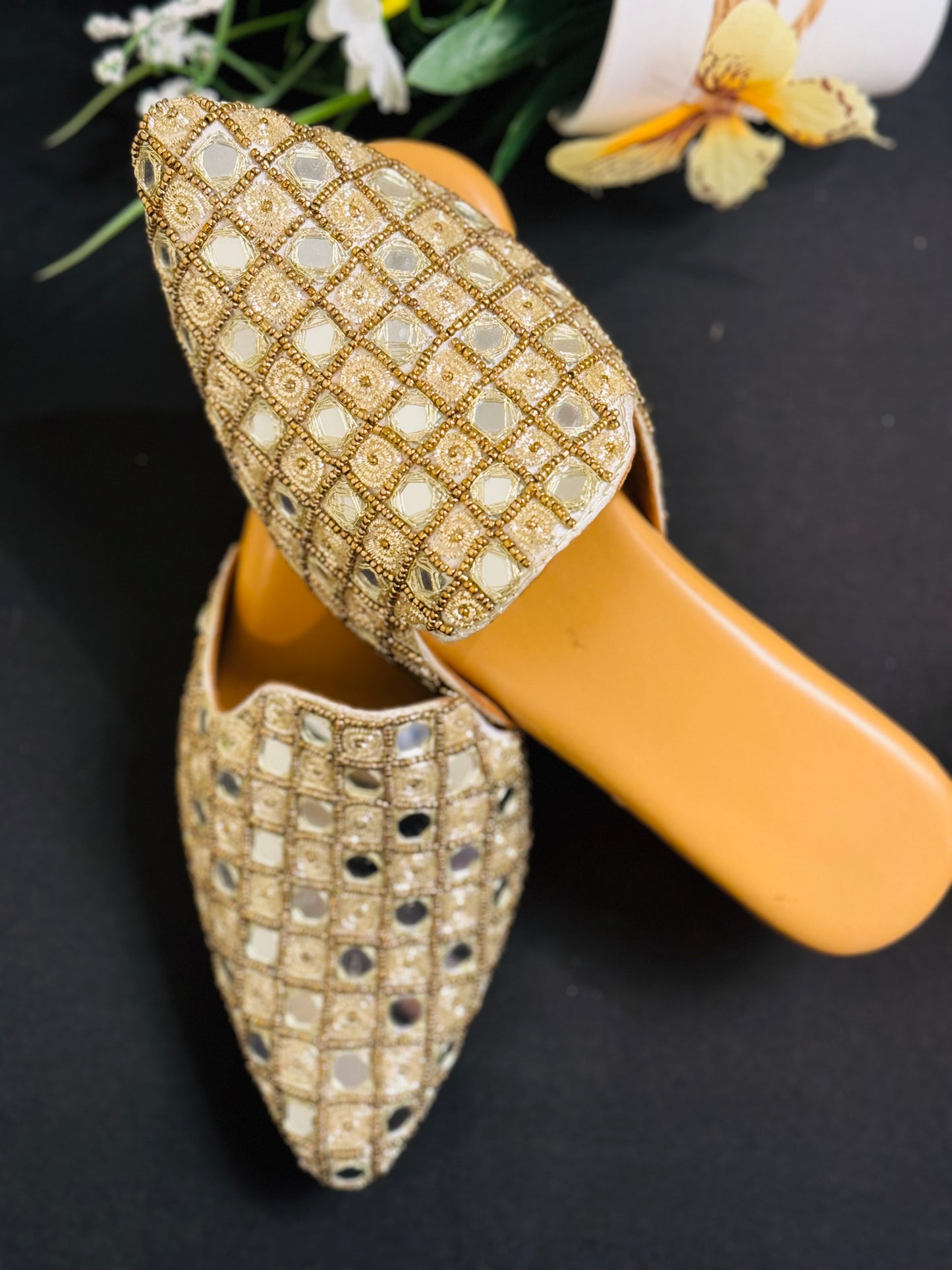 Beautiful mirror work golden heel back open work on heel shoe