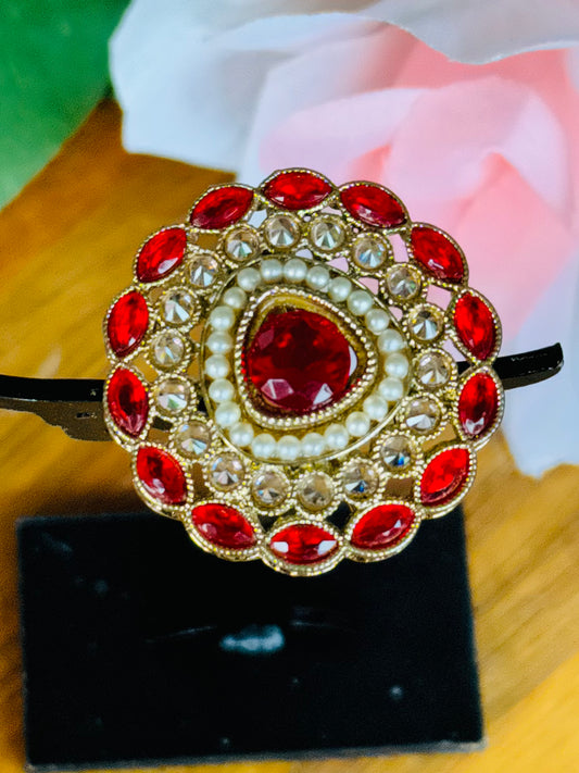 Beautiful semi Kundan Ring in red with mini white pearls