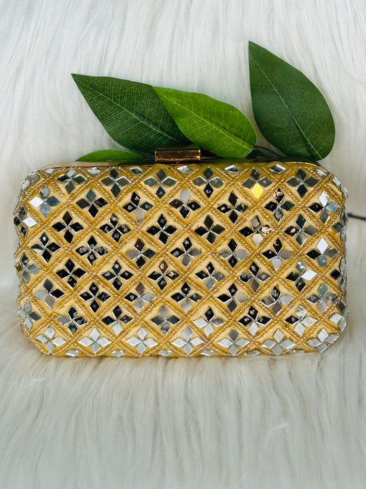 Beautiful mirror handwork clutch in golden Clutch