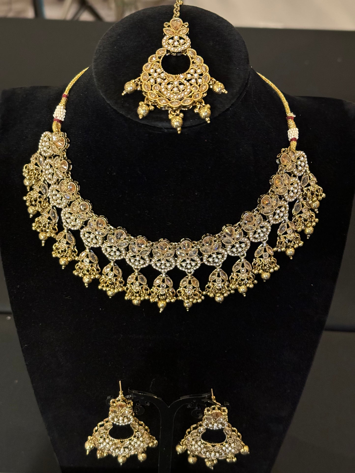 Beautiful gold white pearl work Necklace tikka earring Jewelry set