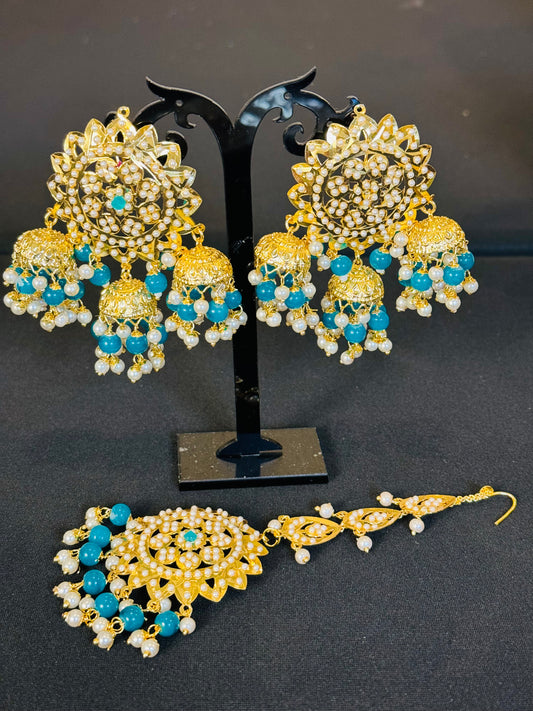 Beautiful Traditional Style Gold And Blue With Pearl Work Tikka set