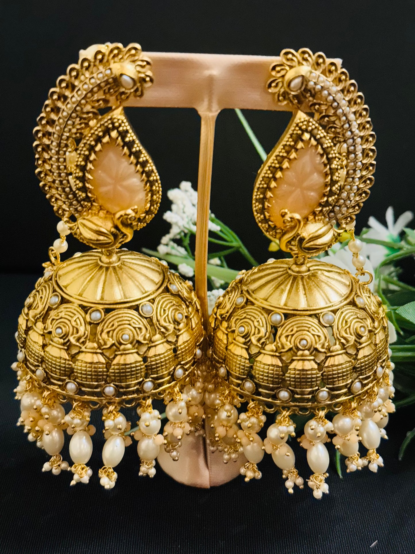 Beautiful antique style jhumka extra large in golden and white pearl jhumka