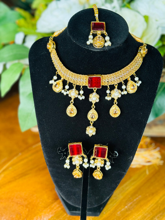 Beautiful choker style gold red Jewelry set with tikka