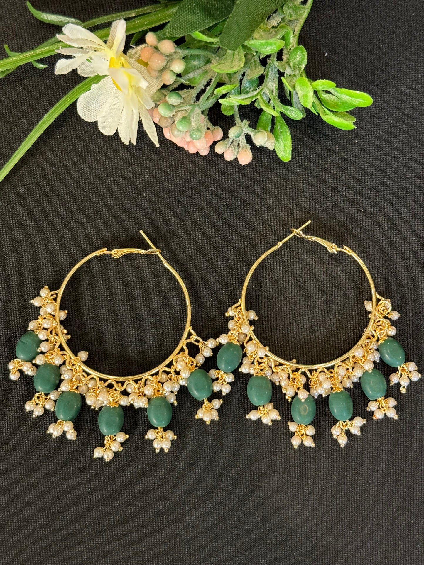 Beautiful bottle green pearls Hoop earrings