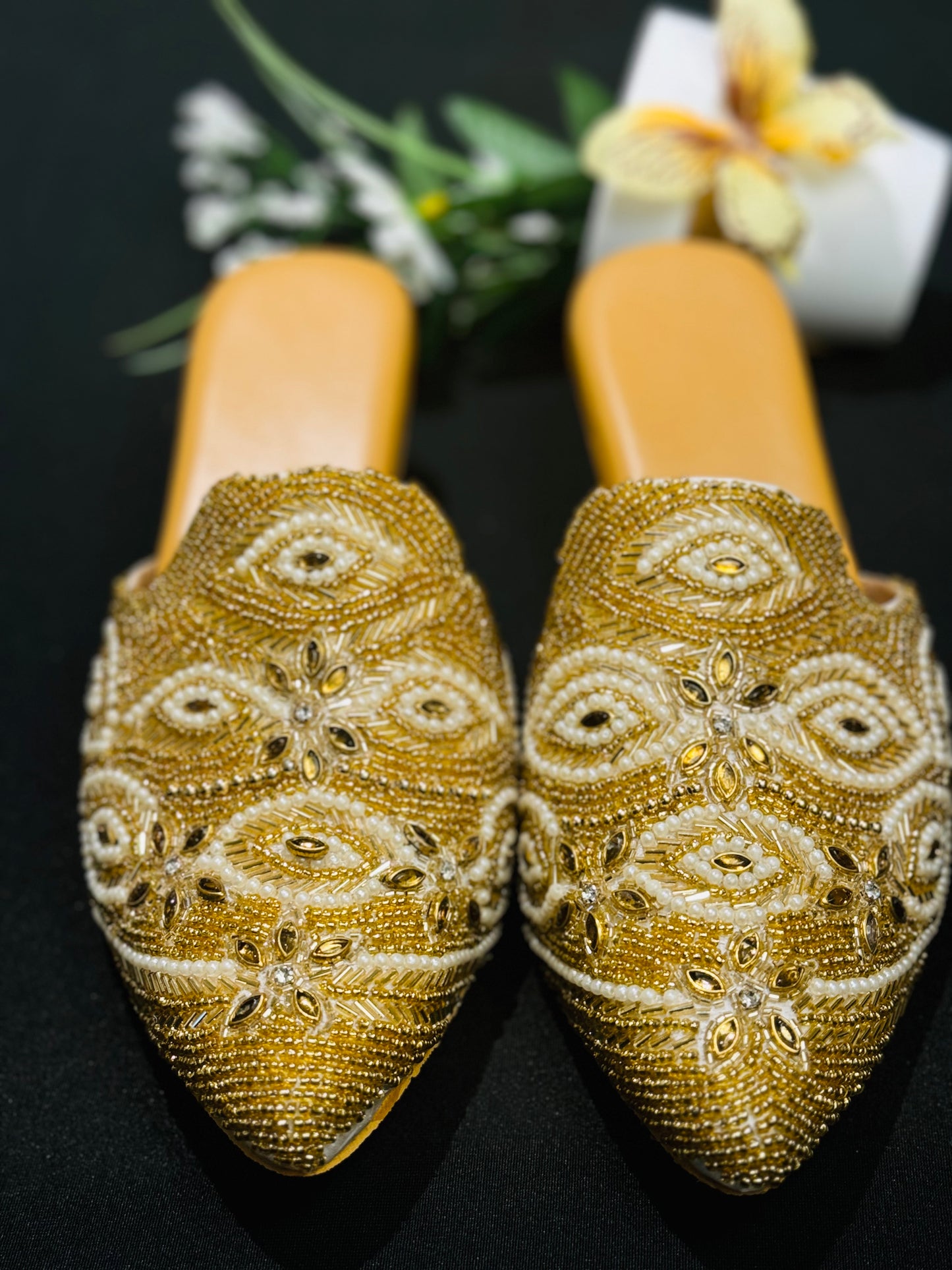 Beautiful very classy look handwork pearl work Punjabi Jutti in golden