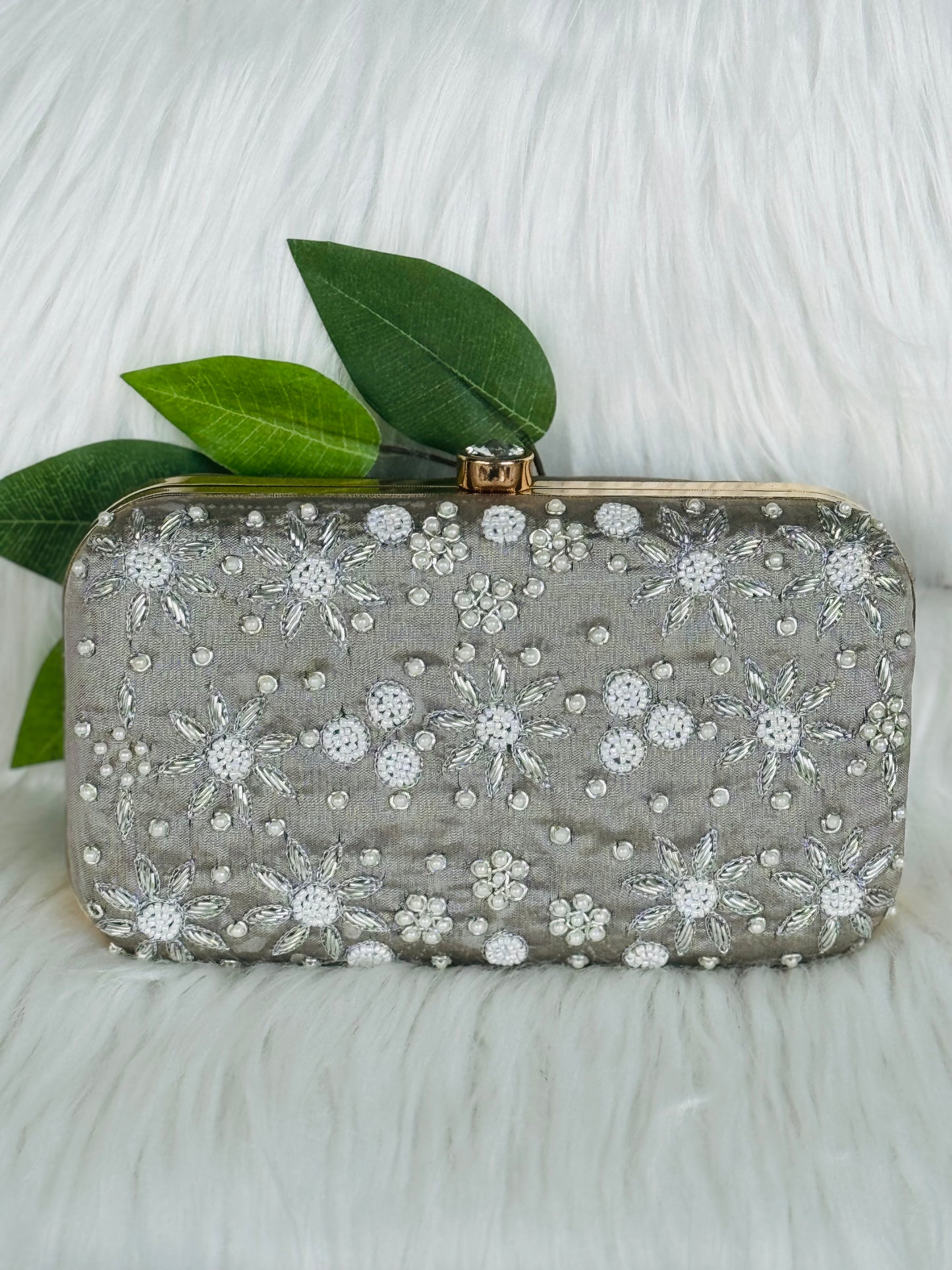 Beautiful unique grey color pearl handwork Clutch for parties and weddings