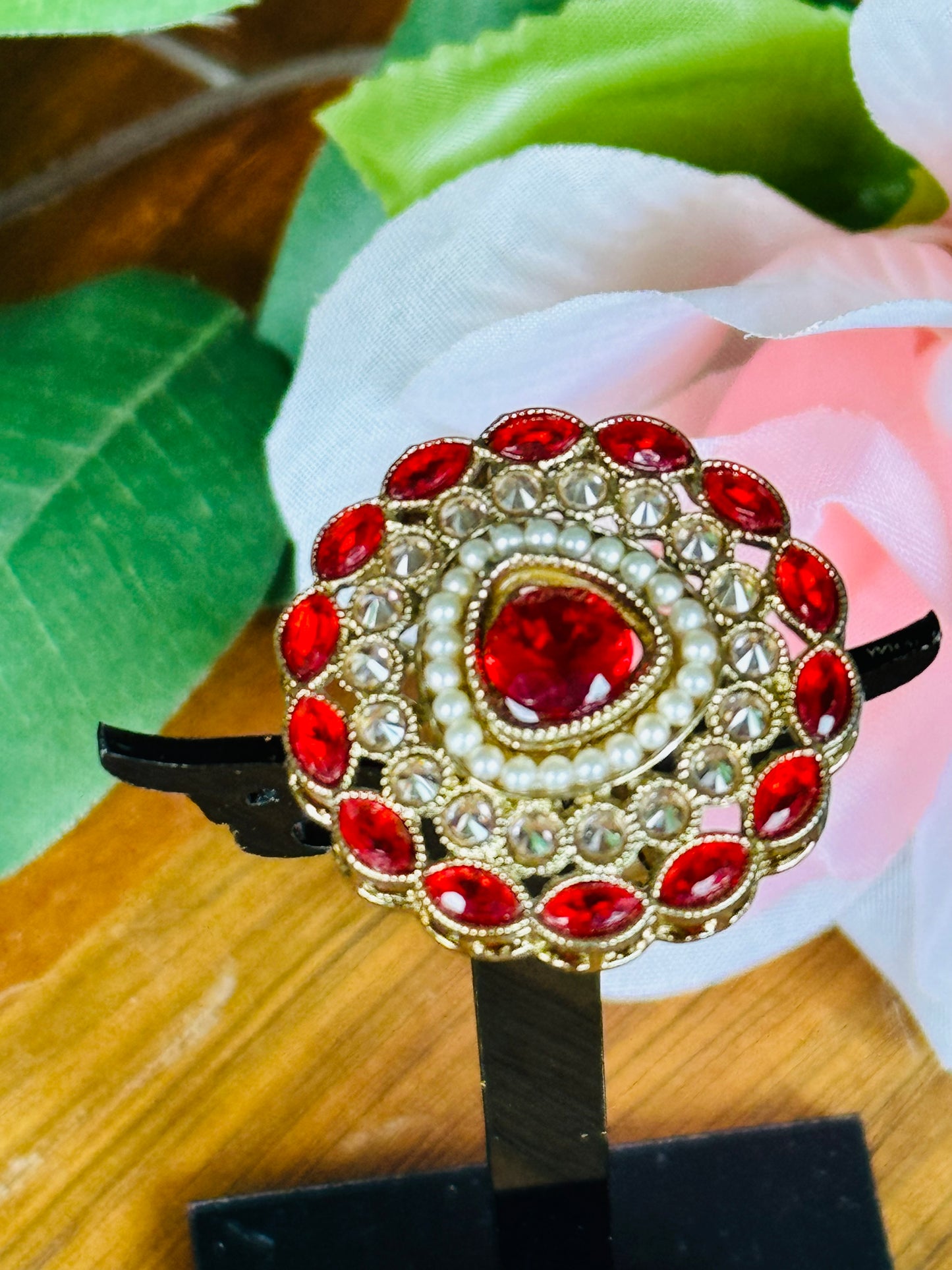 Beautiful semi Kundan Ring in red with mini white pearls