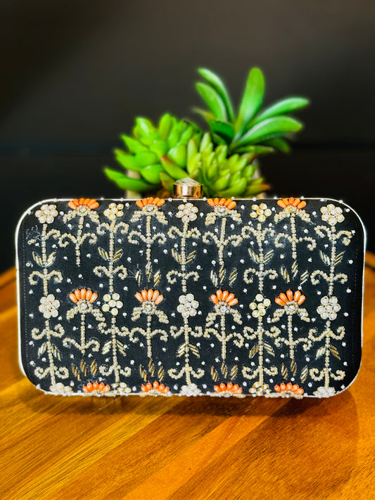 Beautiful Black Embroidery and pearl handwork Clutch For Parties And Wedding