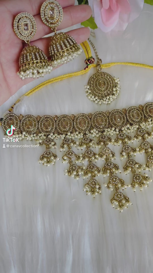 Beautiful Pakistani style golden white necklace tikka earring set