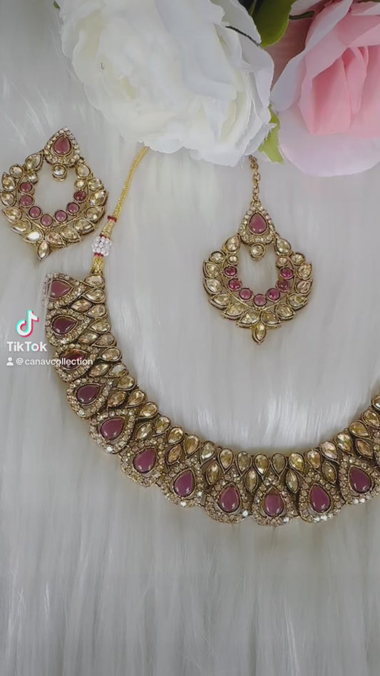 Onion color necklace tikka earring set